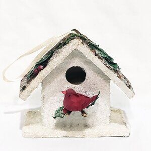 Birdhouse Cardinal Bird Handmade Vintage Cardboard Bark Ornament White Red 3.5"